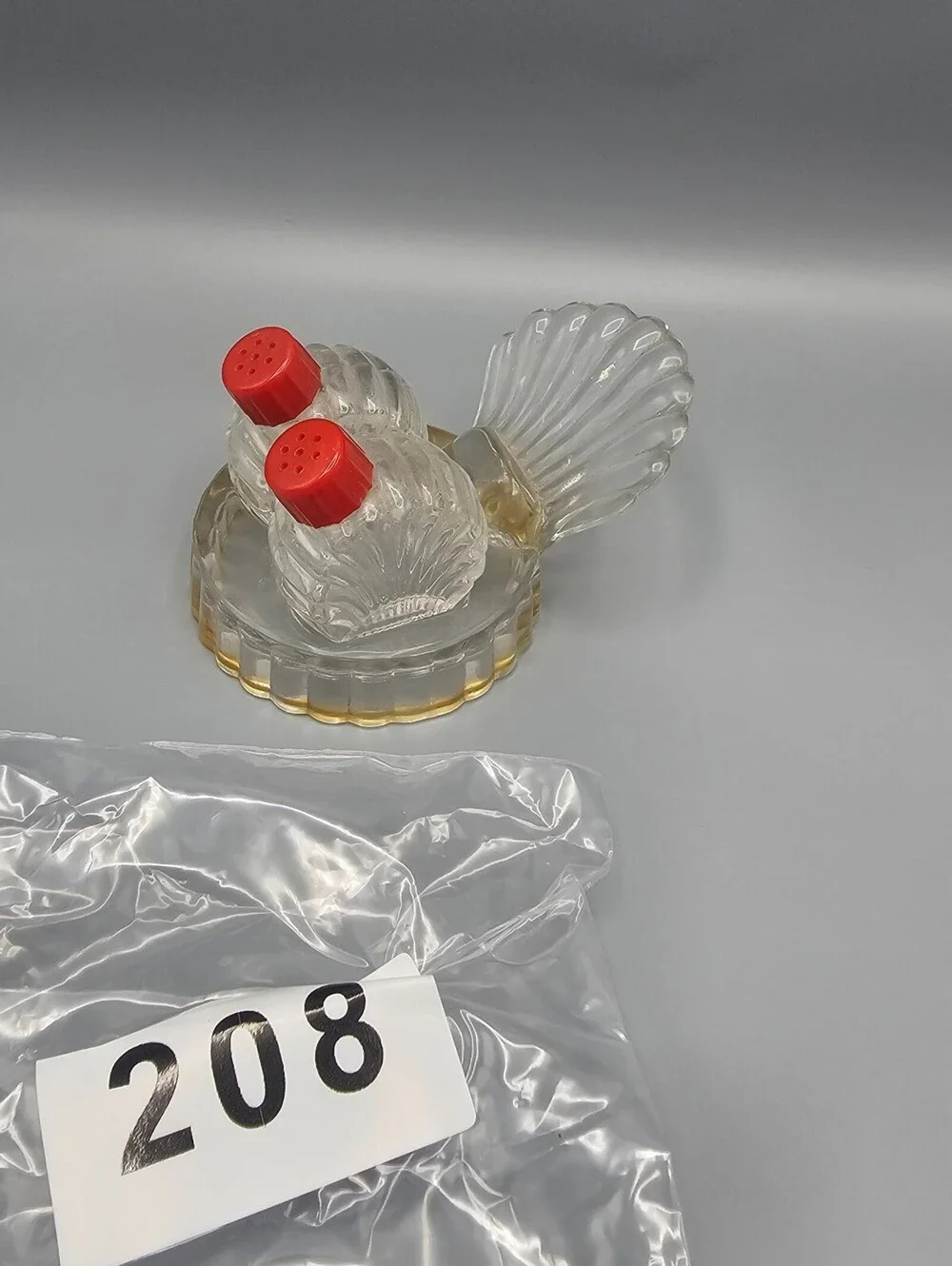 Vintage Glass Shell Shaped Salt and Pepper Shakers with Holder